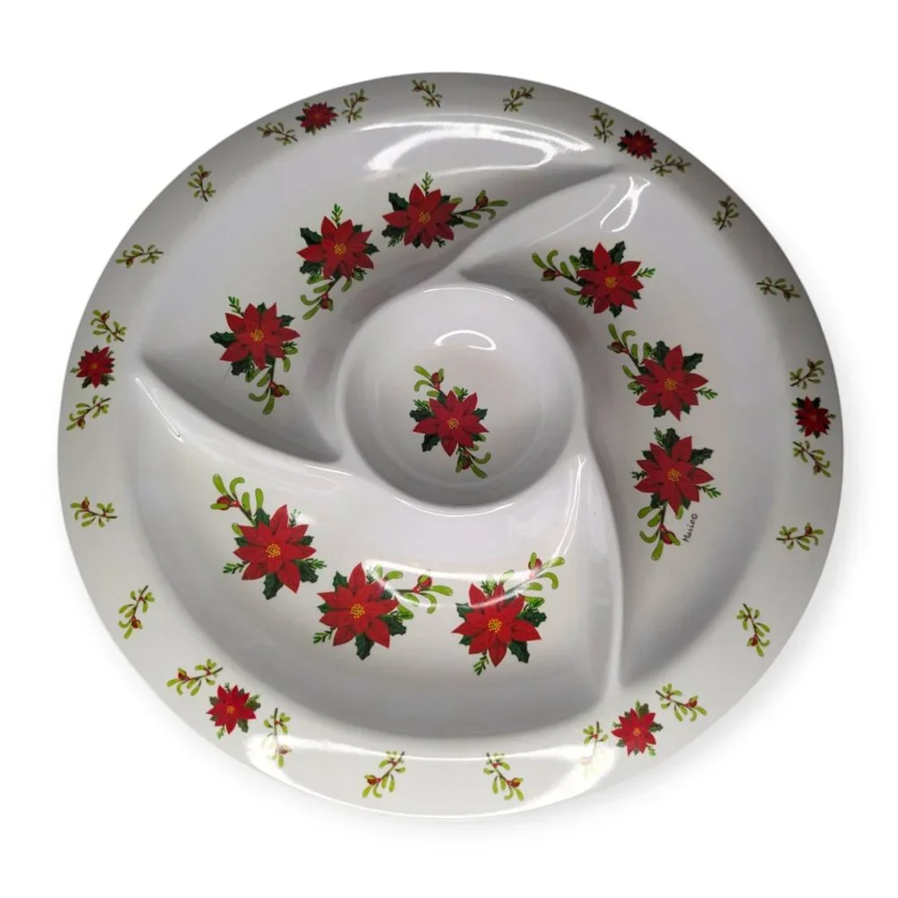 Christmas Poinsettia Melamine 4 Compartment Round Tray 15